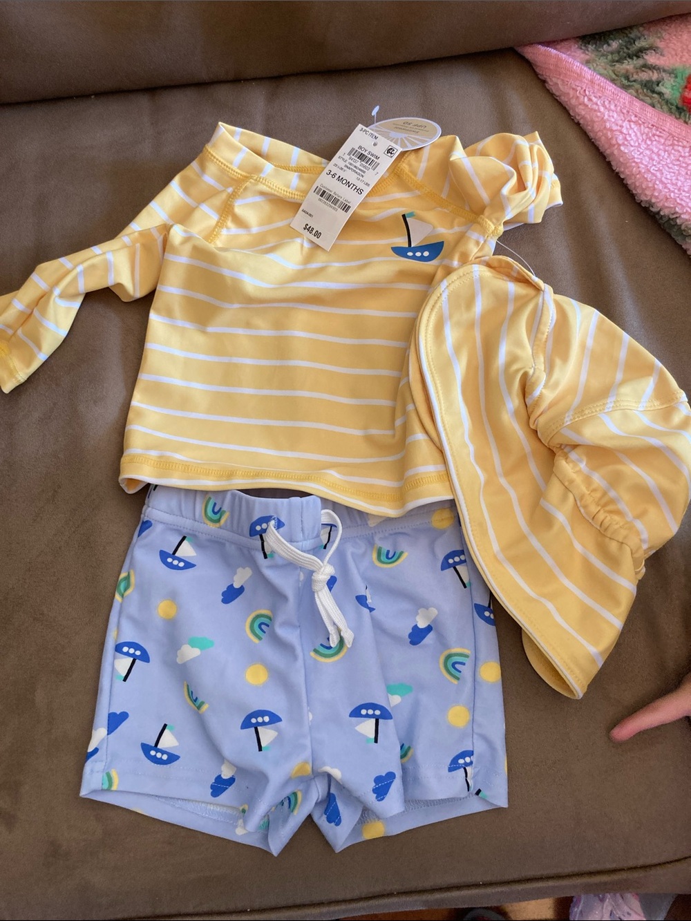 NWT! First impressions. Baby boy swim suit set and hat